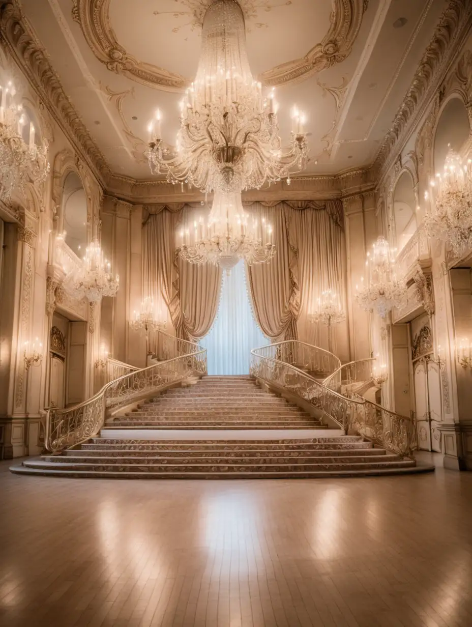 cinderella fairytale ballroom, light neutral tones, gold embellishments, elegant setting, castle ballroom, castle vintage ballroom dancefloor, fairytale, french antique empty ballroom, staircase in background, even though its night, the room is still bright