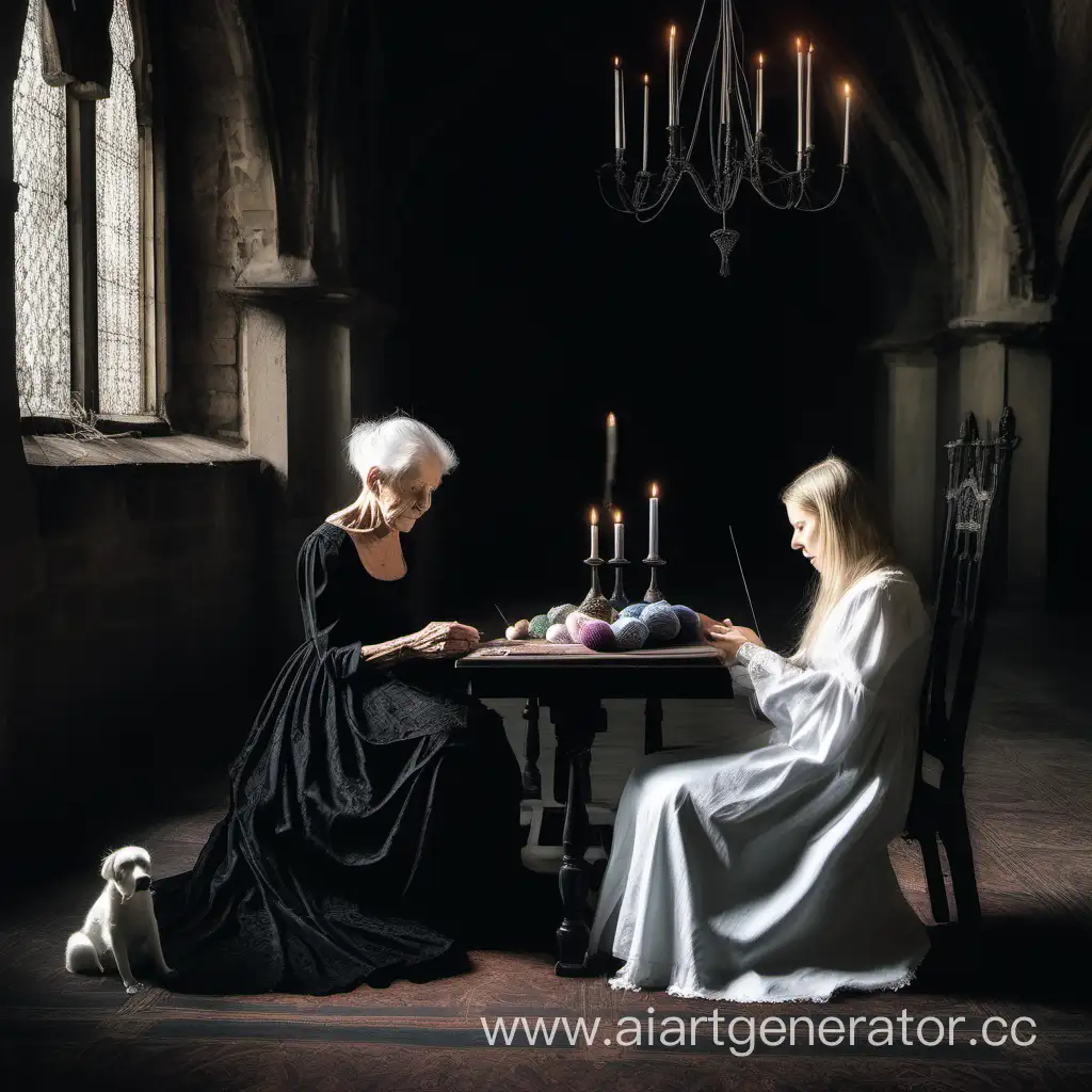 В большом готическом зале за столом. Пожилая женщина в белом платье сидит и вяжет спицами . Рядом сидит молодая девушка в готическом черном платье 
