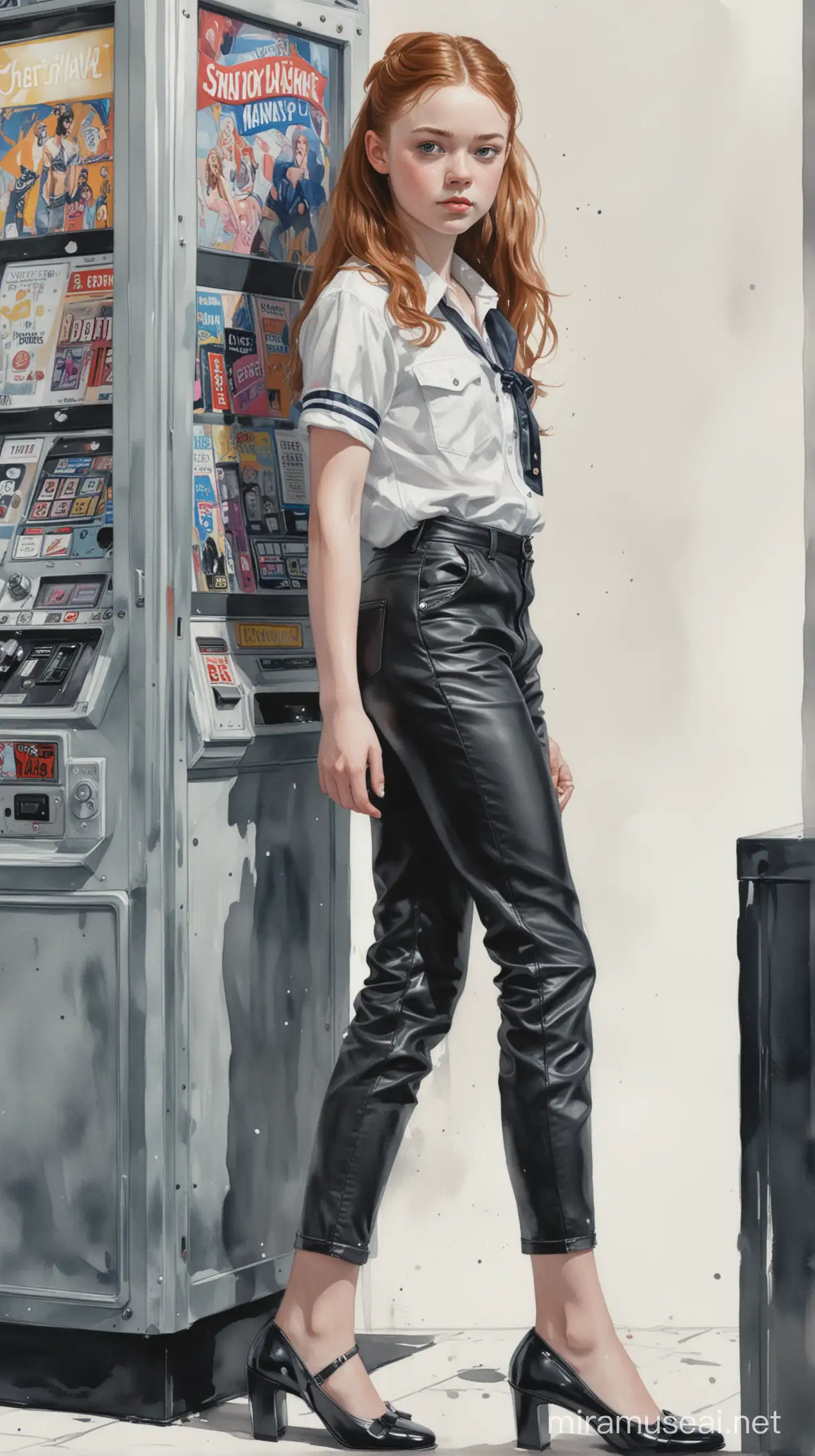 Alex Maleev illustration depicting young Sadie Sink wearing sailor shirt and shiny tight black leather pants, gray flat pumps, bun hair, leaning in front of an arcade game machine, watercolor, white background, no distortion, gray palette, insanely high detail, very high quality, seen from below