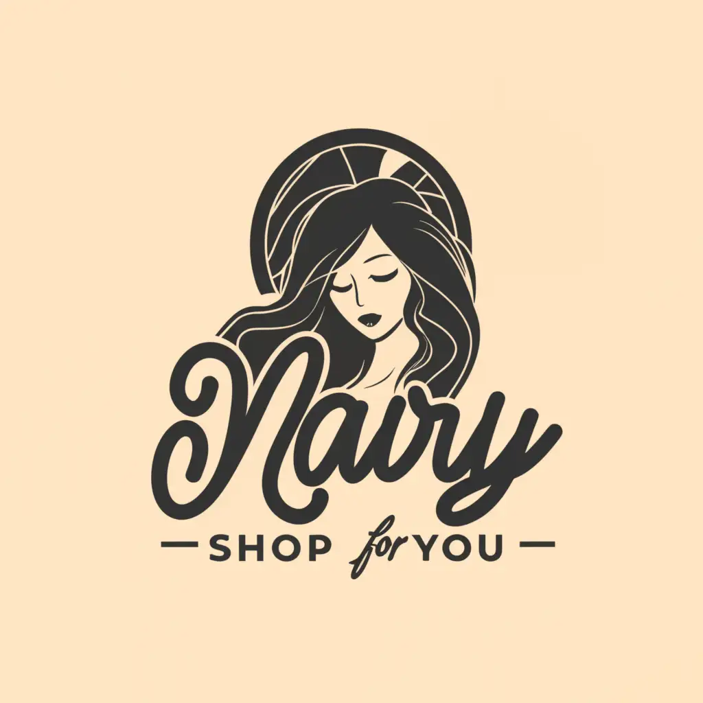 a logo design, with the text 'Mary shop for you', main symbol: a dark haired girl/face, complex, clear background, MAKE PRO PROFESSIONAL AND A LEGEND ONE AND SOME SHOPPING ELEMENTS ALSO HAVE MAKE MUCH MORE PO PROFESSIONAL
