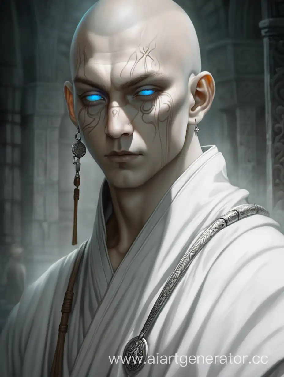 beautiful white man. human. dungeon dungeon. white monk. portrait. Holy aura. blind eyes
