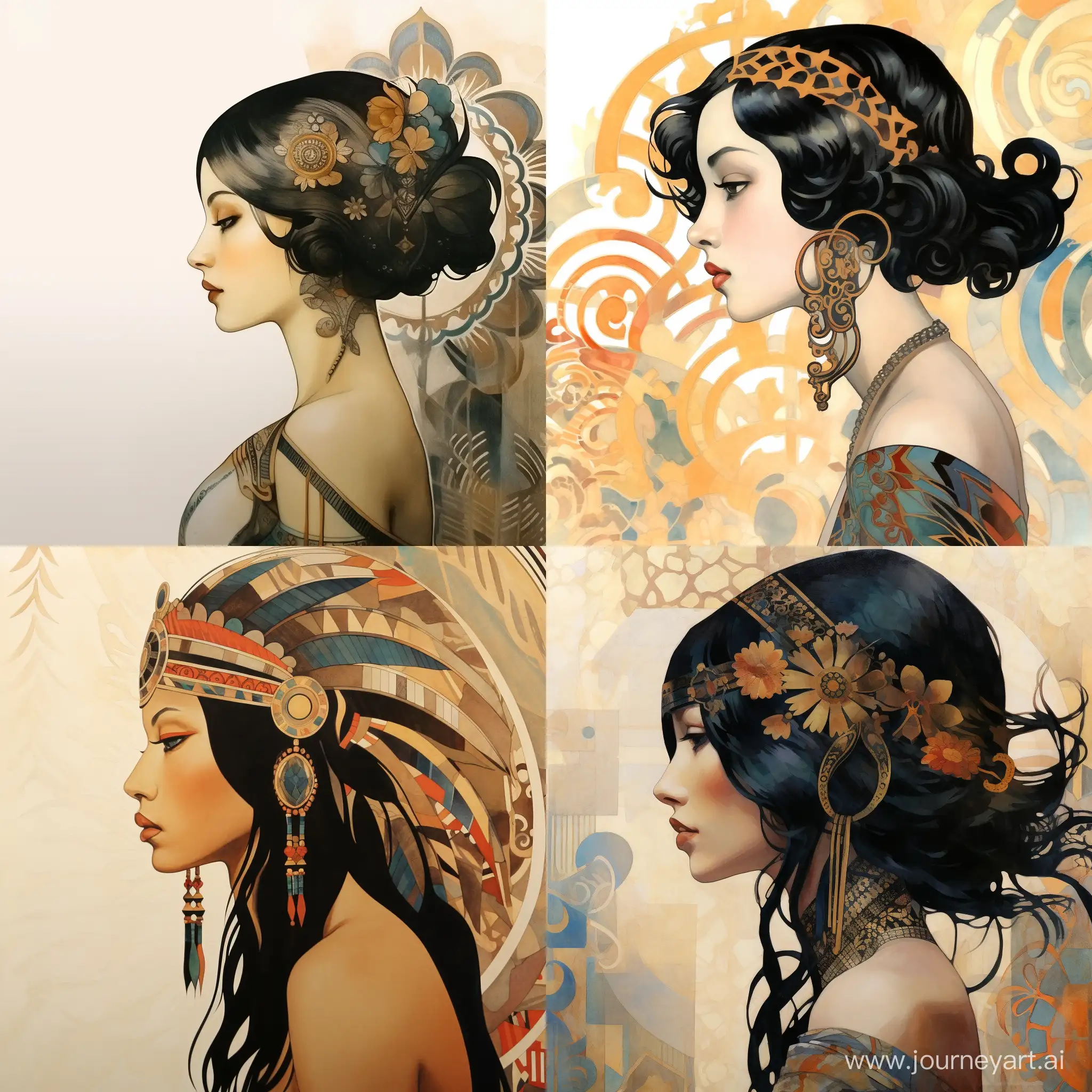 In a golden crown, black-haired woman, in profile, portrait, on the background of the pattern of clubs, fairy-tale illustration, stylized, style of Nikolai Roerich, watercolor, graphics, decoratively