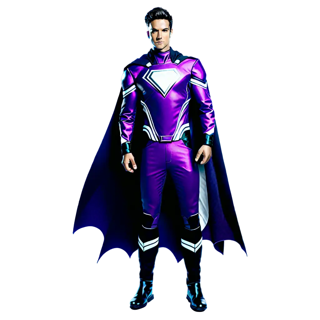 a dark purple, black and white dressed male space superhero