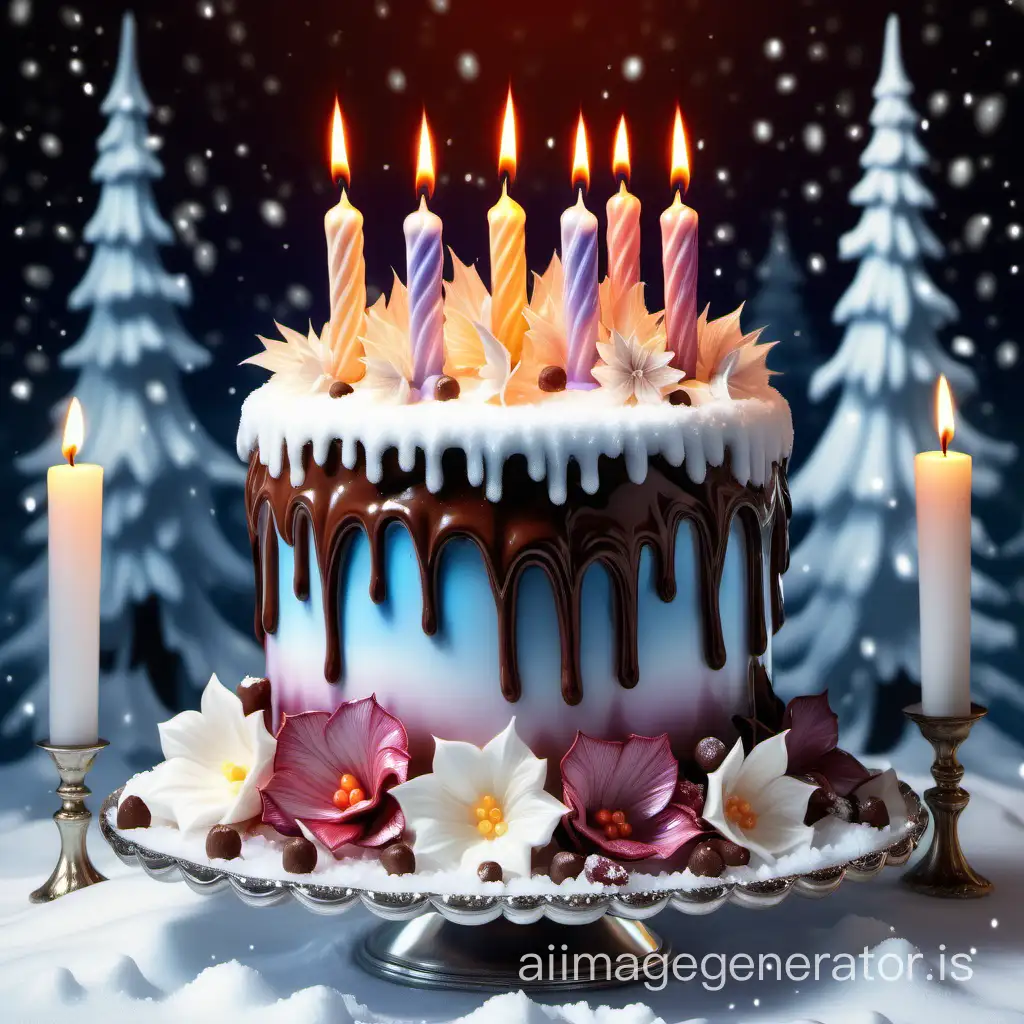 Cake with candles against the backdrop of a snowy fairy tale, high detail, digital painting, photorealism, food art, bright, saturated, voluminous, mother-of-pearl, chocolate, floral cream