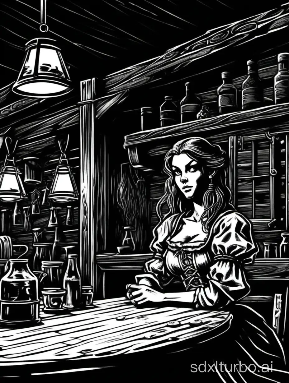 by Russ Nicholson, style of 1979 Dungeons and Dragons,

line art of a pretty young tavern wench, sitting at a table, in a dark tavern, dark and moody atmosphere,

wide shot, black background, 1bit bw,