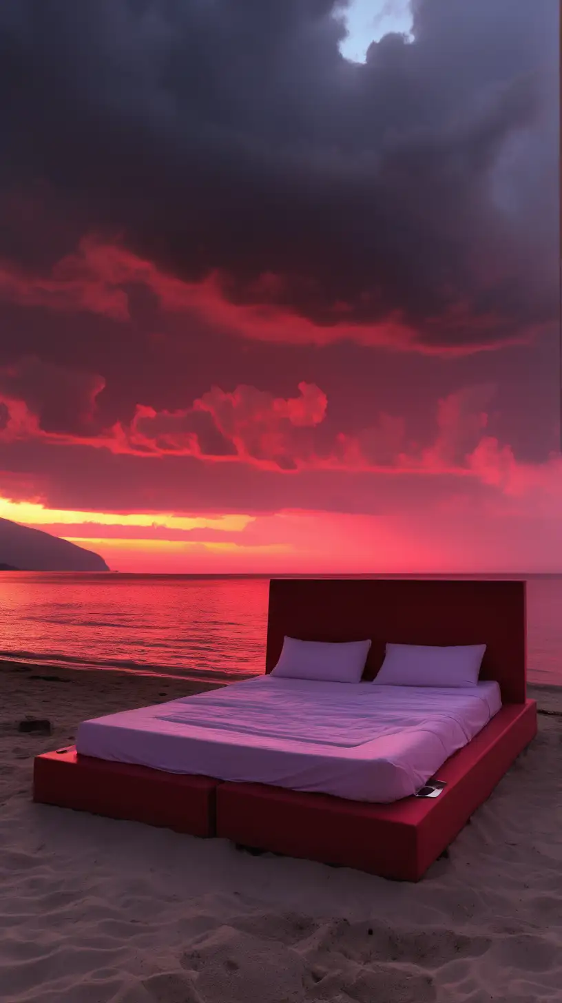 neon bed, at Repi Beach. the sun has set. Dark Red Clouds.