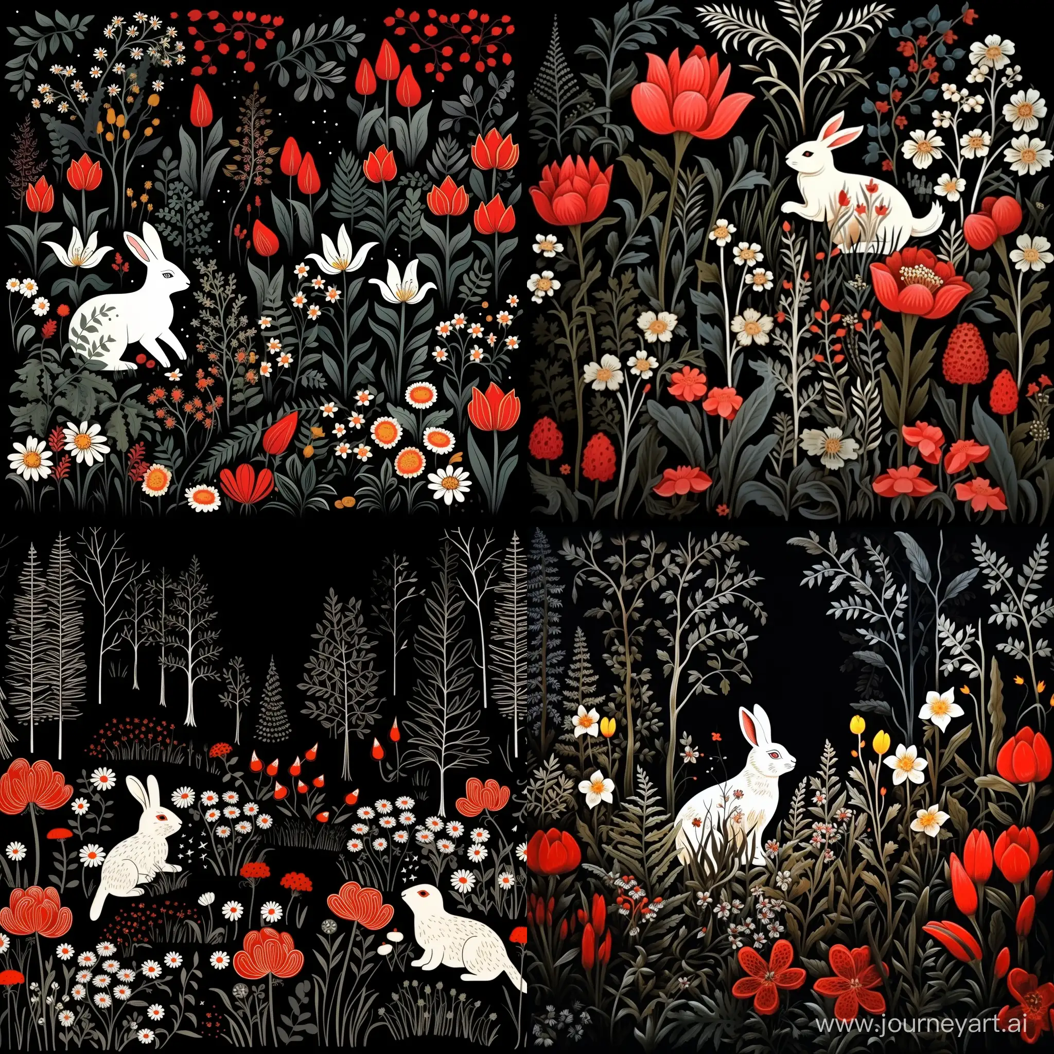 Mysterious-White-Rabbit-Dash-through-Enchanting-Dark-Forest-with-Red-Flora