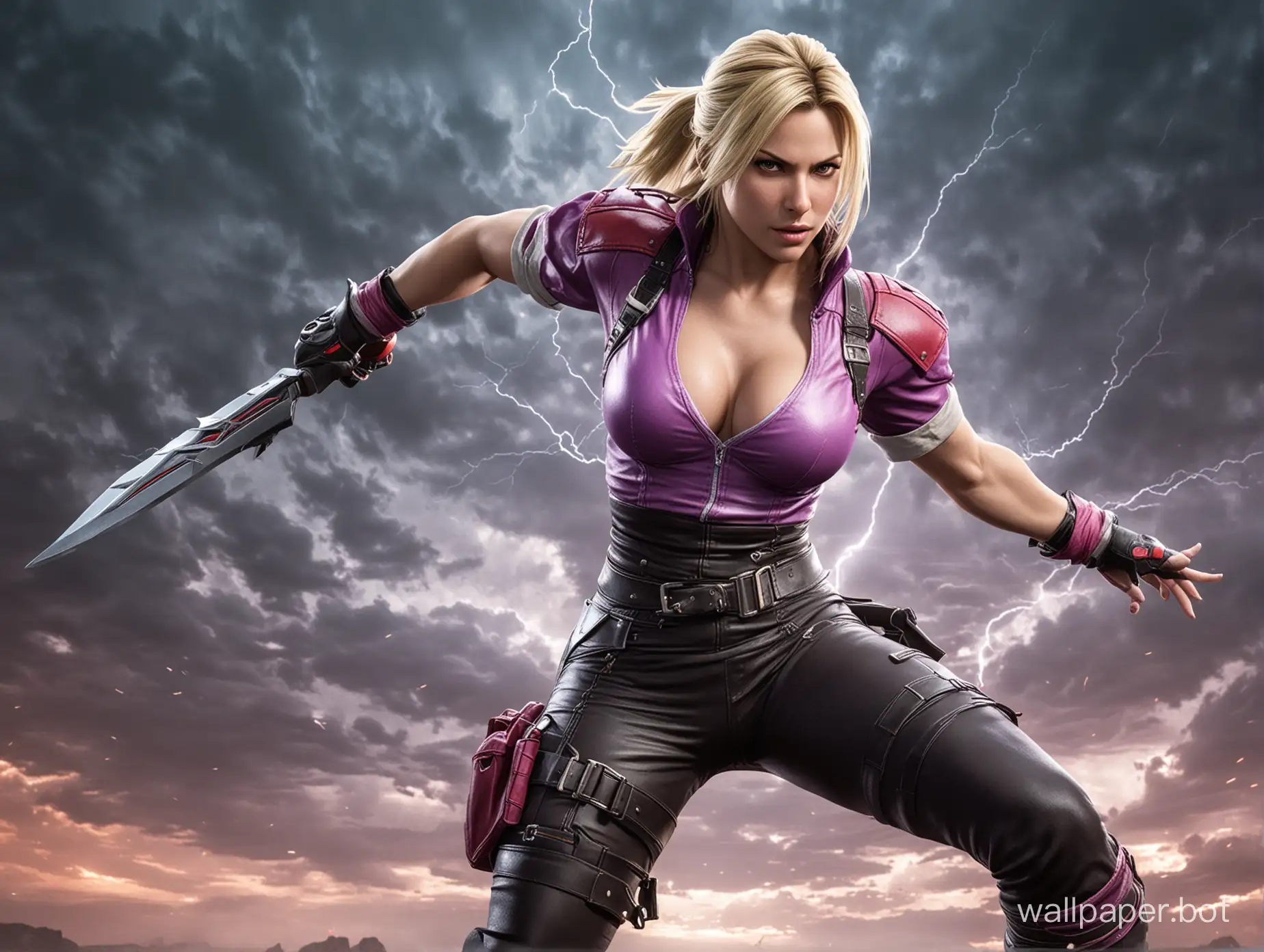Nina Williams from Tekken series, fighting pose, thunder in the sky background