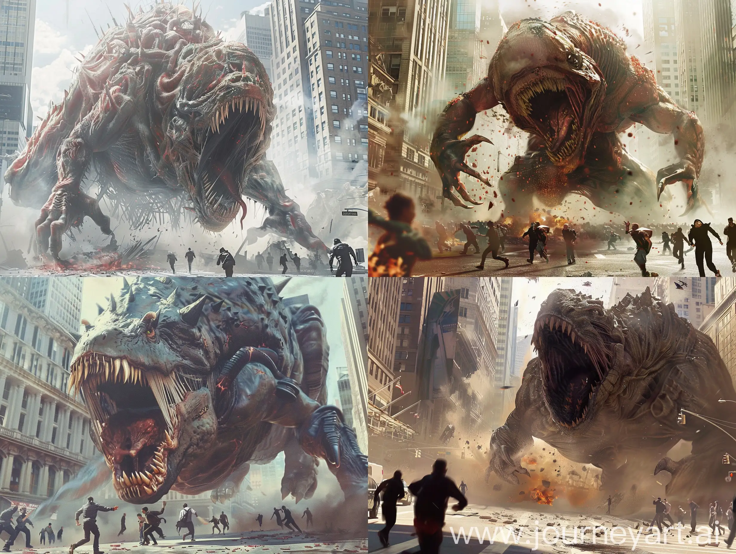  All-eating monster devouring everything in the city as people running away in panic, photorealistic, ultradetailed, destruction, grotesque. 