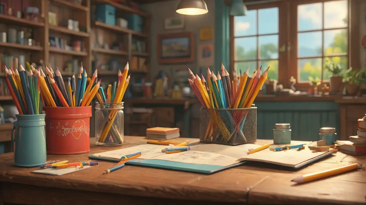 Create a 3D illustrator of an animated scene of where a beautiful pencil is in pencil box. Beautiful and colourful workshop background illustrations.