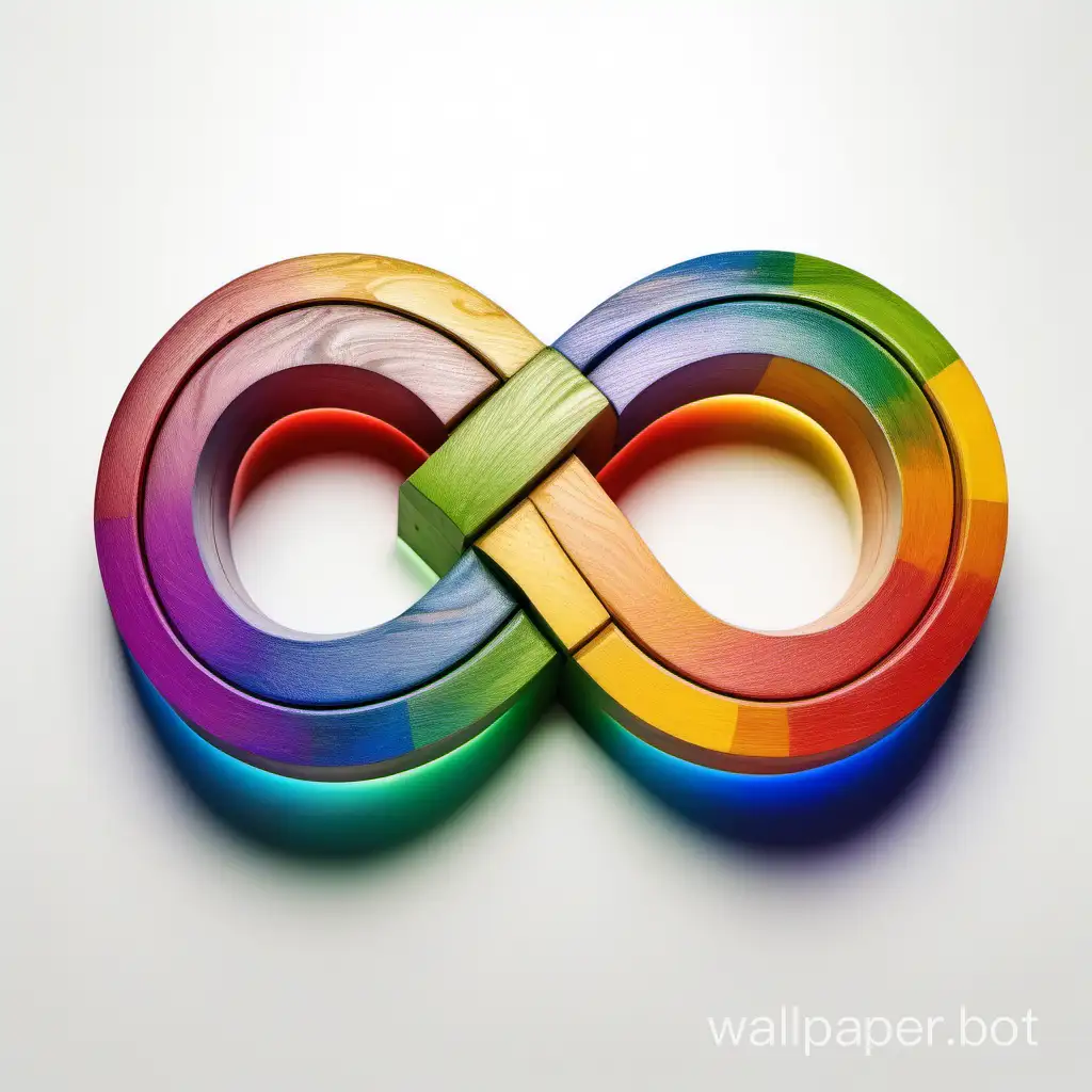 The infinity sign made of wood painted in rainbow colors on a white background