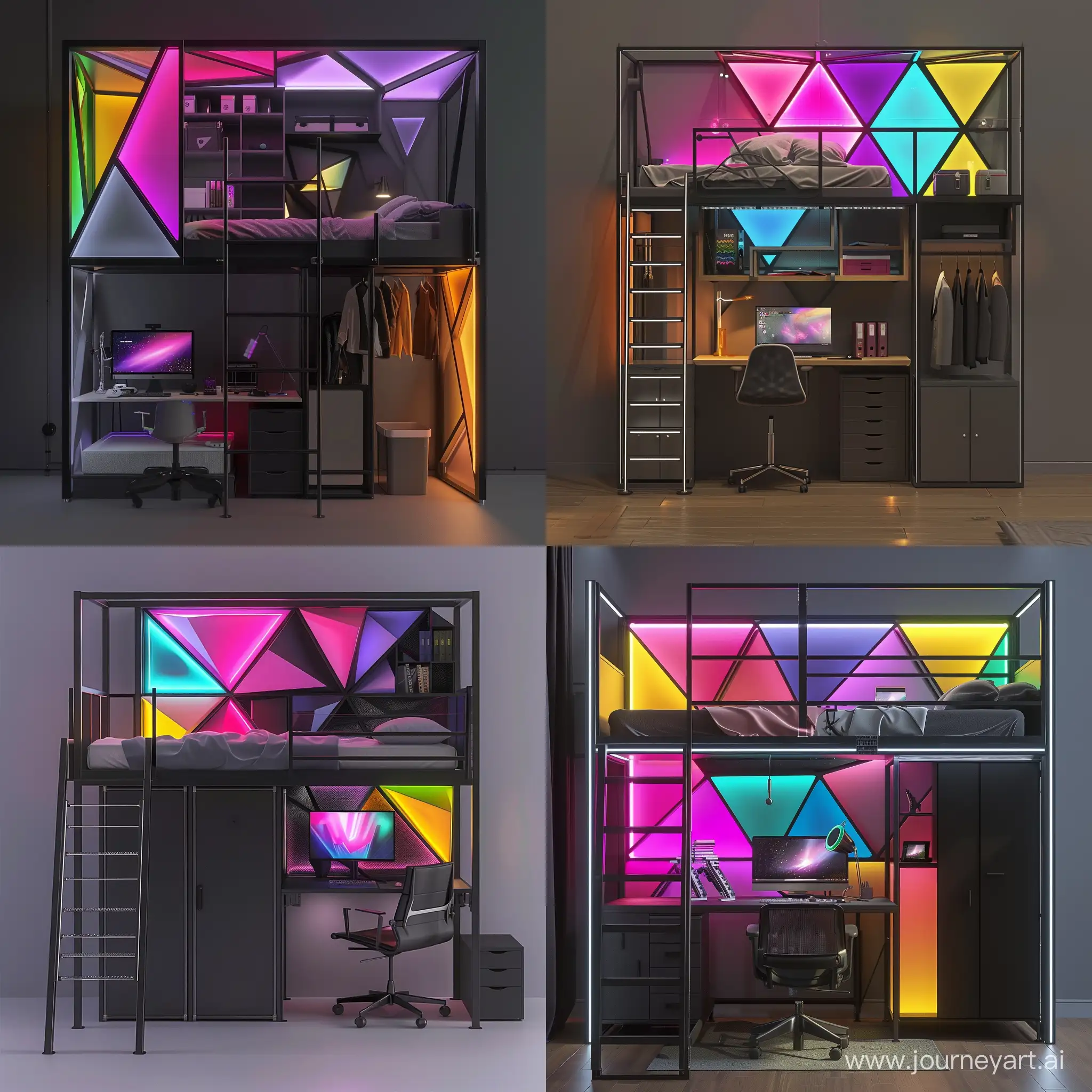 A unit for gamers containing tow levels , in the first level a bed 10 centimeters high from the ground. a ladder that leads to an second upper part without bed that contains desk with a computer and chair, wardrobe next to it. The structure of the unit is made of iron in a simple modern style. It contains strong lighting  in geometry shapes in bright pink, purple ,blue ,green ,yellow ,orange colors. The dimensions of the unit are 3 meters and 150 cm, with a height of 3 meters. The colors of the unit are black and gray.