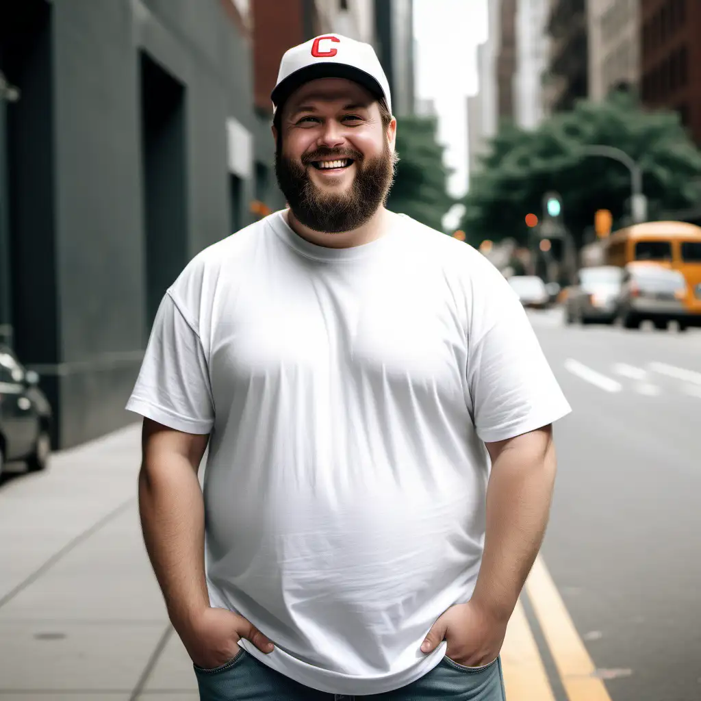 a bulky size white male with a beard, wearing a baseball hat, in a blank white tshirt, full body, in the city, smiling