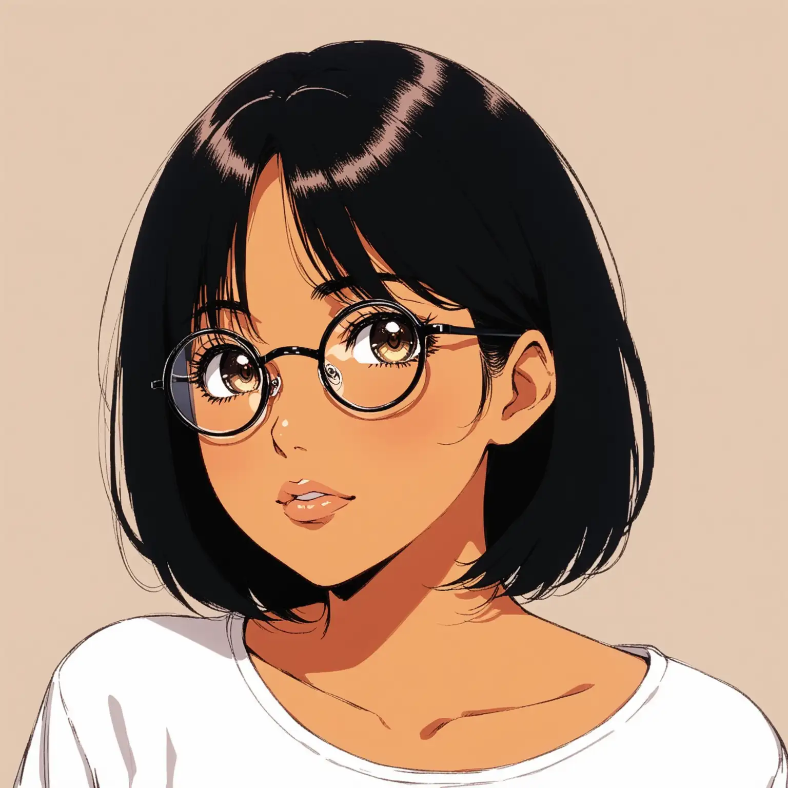woman with tanned skin looking under her eyelashes, dark brown eyes wearing black round eyeglasses, shoulder length black hair parted in the middle, body facing straight forward with head tilted down to the left, large anime eyes, glossy nude colored full lips slightly smiling, wearing plain white shirt, anime style, minimalist bedroom background, retro 90s anime look