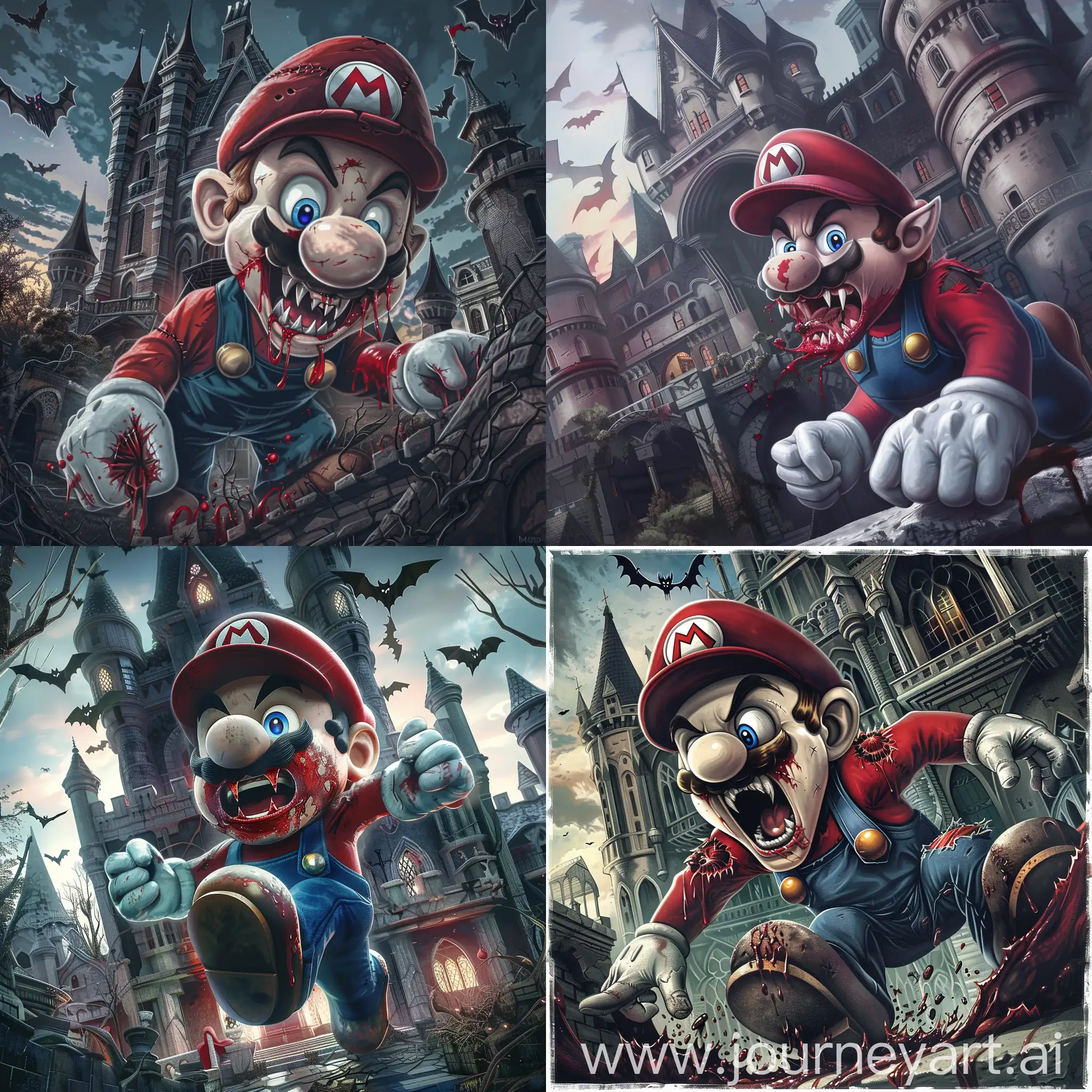 Digital art of Super Mario as a vampire, in a gothic castle, vampire fangs, blood, impressive detailed, digital art