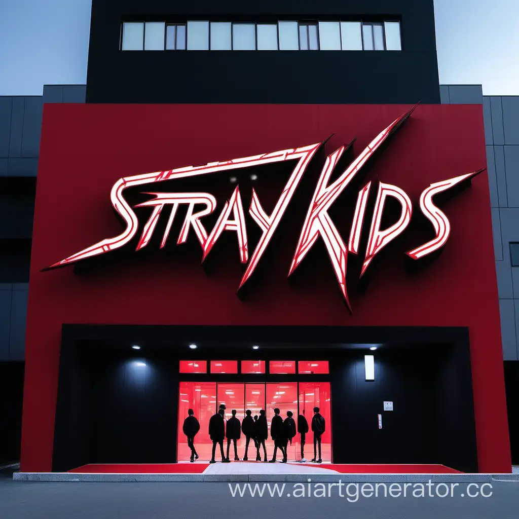 здание выполнено в красно-черном цвете с названием STRAY KIDS светящимися буквами