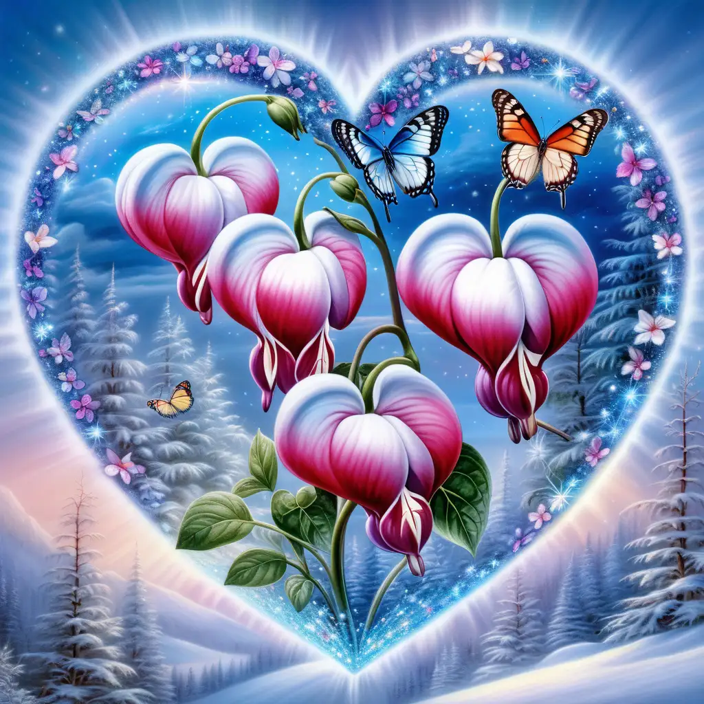 Neon Bleeding Heart Flowers and Butterfly in Triple Heart on Glittering Snowy Background