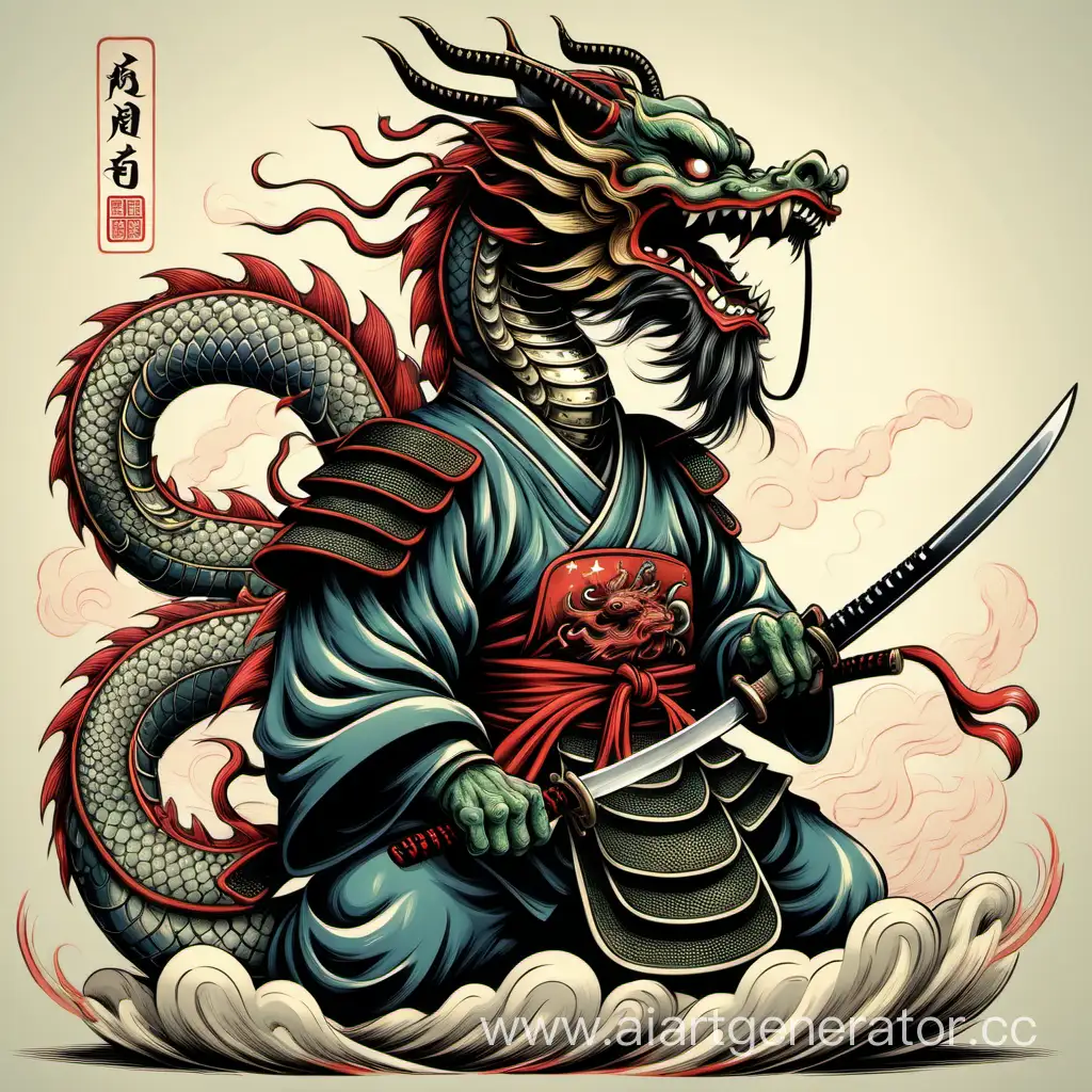 Китайский дракон на спине которого сидит самурай с катаной

