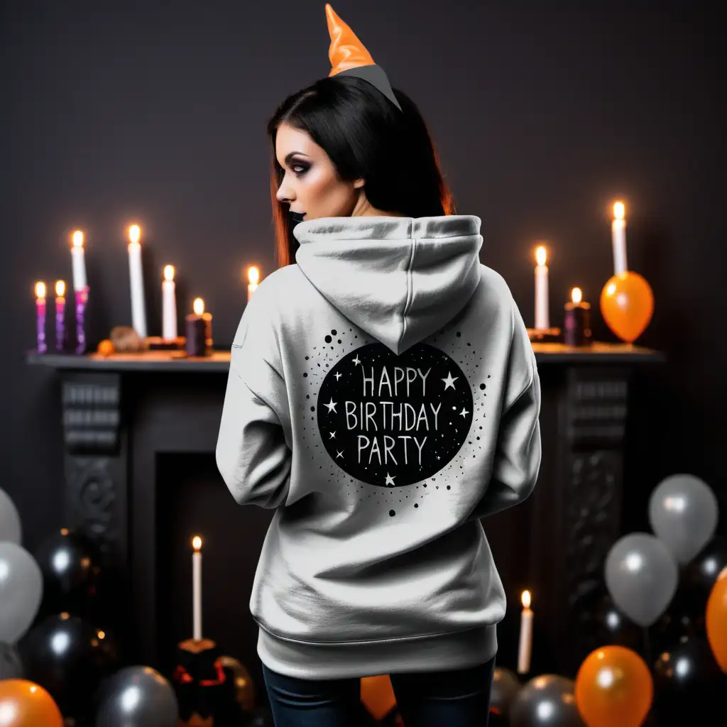 a hoodie mockup for a hoodie the back of a person wearing a grey hoodie and a witchy birthday party background 