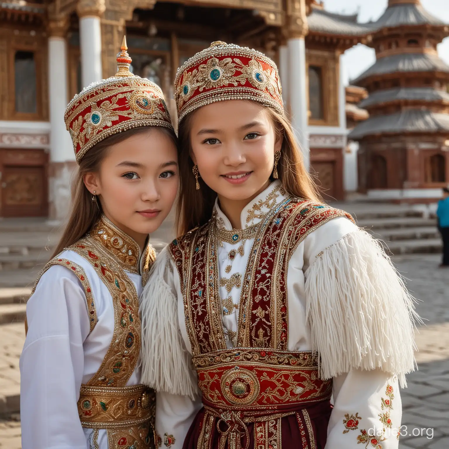 Mongolian and Russian Girls in Traditional Costumes by Temples | Dalle3 AI