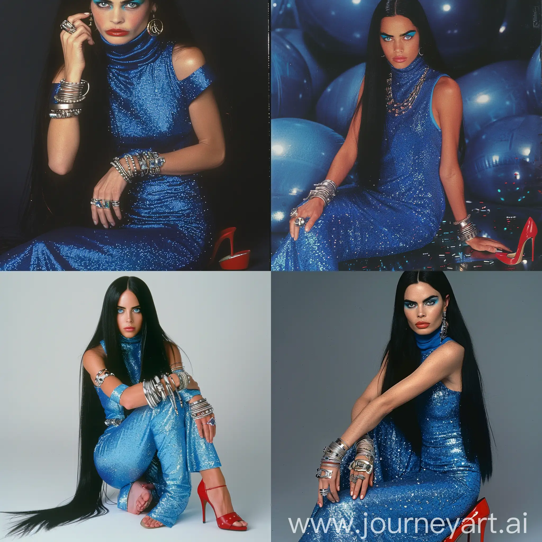 young woman with long black hair blue eyes aqua thick eyebrow wearing a blue sleeveless turtleneck glitter dress with several silver rings and bracelets and red heels, dvd screenshot from 1990s movies
