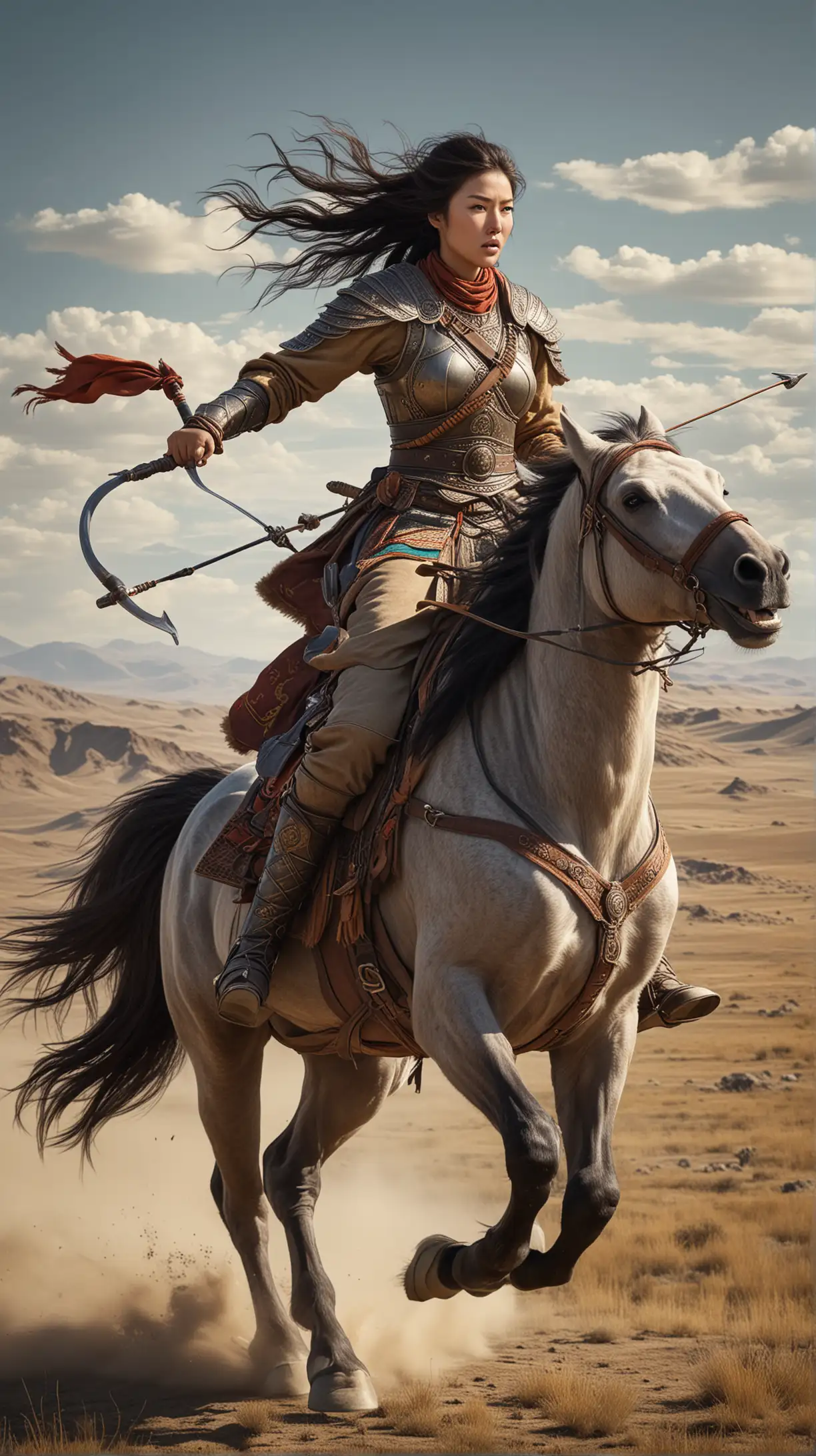 Generate an image of a Mongol Empire warrior woman astride a powerful steed, her bow at the ready as she gallops across the vast steppes of Central Asia, her hair streaming behind her in the wind. hyper realistic