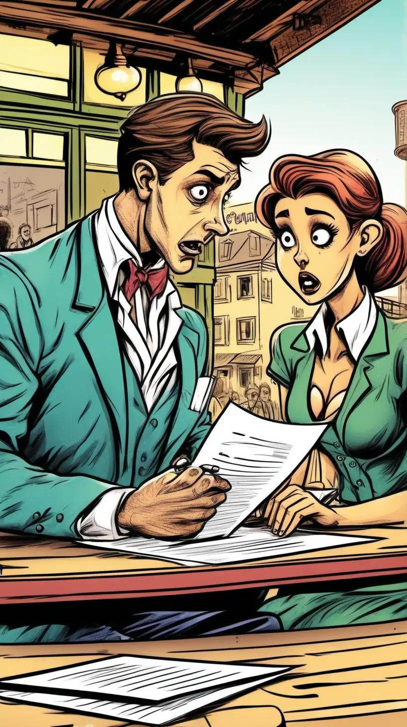 cartoony,  color .  A pretty girl with a shocked look on her face, signs a contract at an outdoor table of a restaurant, as he boyfriend looks on intently.  A waiter  stands by confused.
