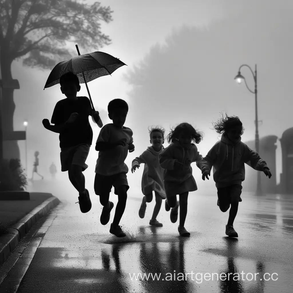 Картина с силуэтами спешащих под дождь детей в тумане