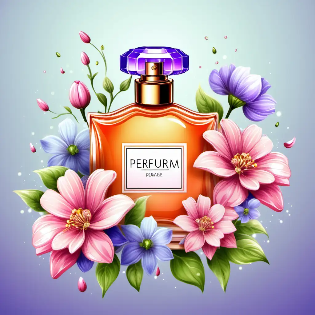 An illustration of a beautiful perfum with flowers.
Spring colors.
High quality.
HD.
No background.
Fantasy style.