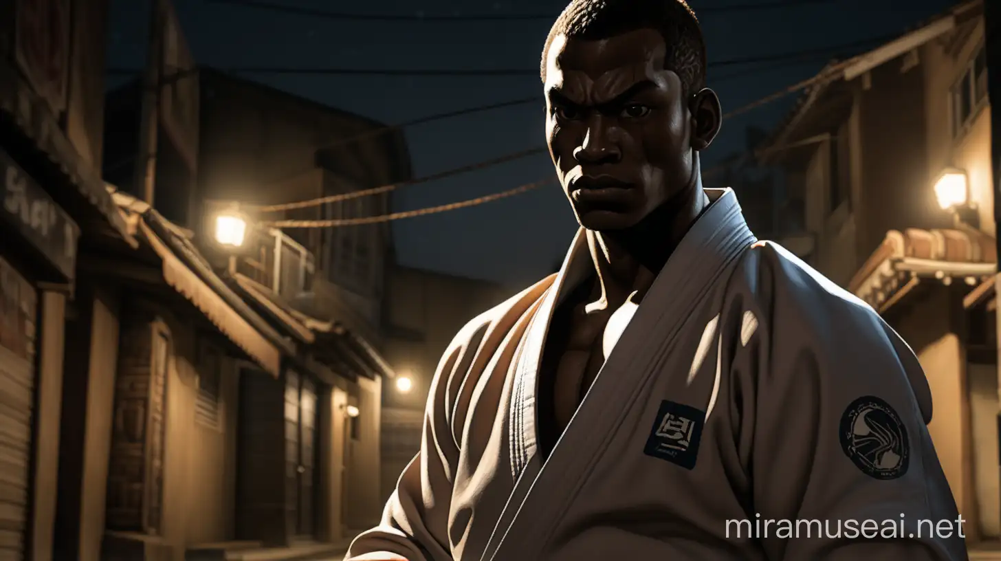 a black skin color jiu jitsu fighter, at night in a street with poor illumination, his face is cover by the shadows, and his   Aurea is made by lighting.  