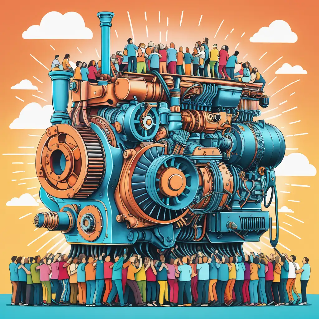 colorful picture of an engine with a crowd of people. Wellbeing



