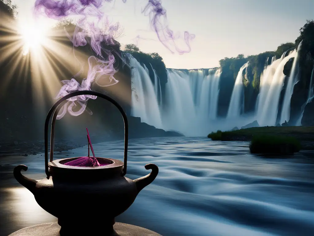 Purple-Smoke-Rising-by-Sunlit-Incense-Burner-with-Cascading-Waterfall-View