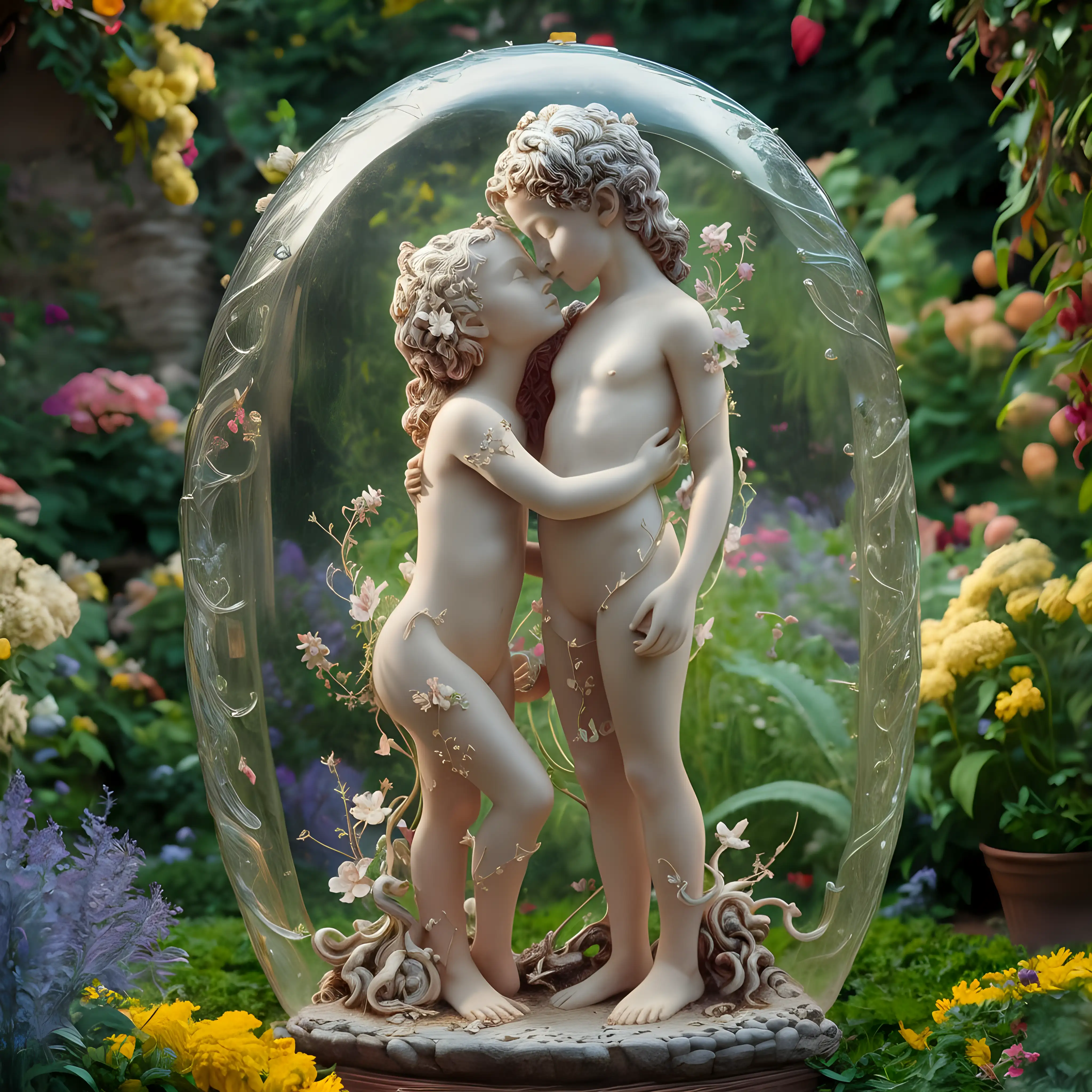 statue of a nude girl and boy in glass in a flowering garden full body