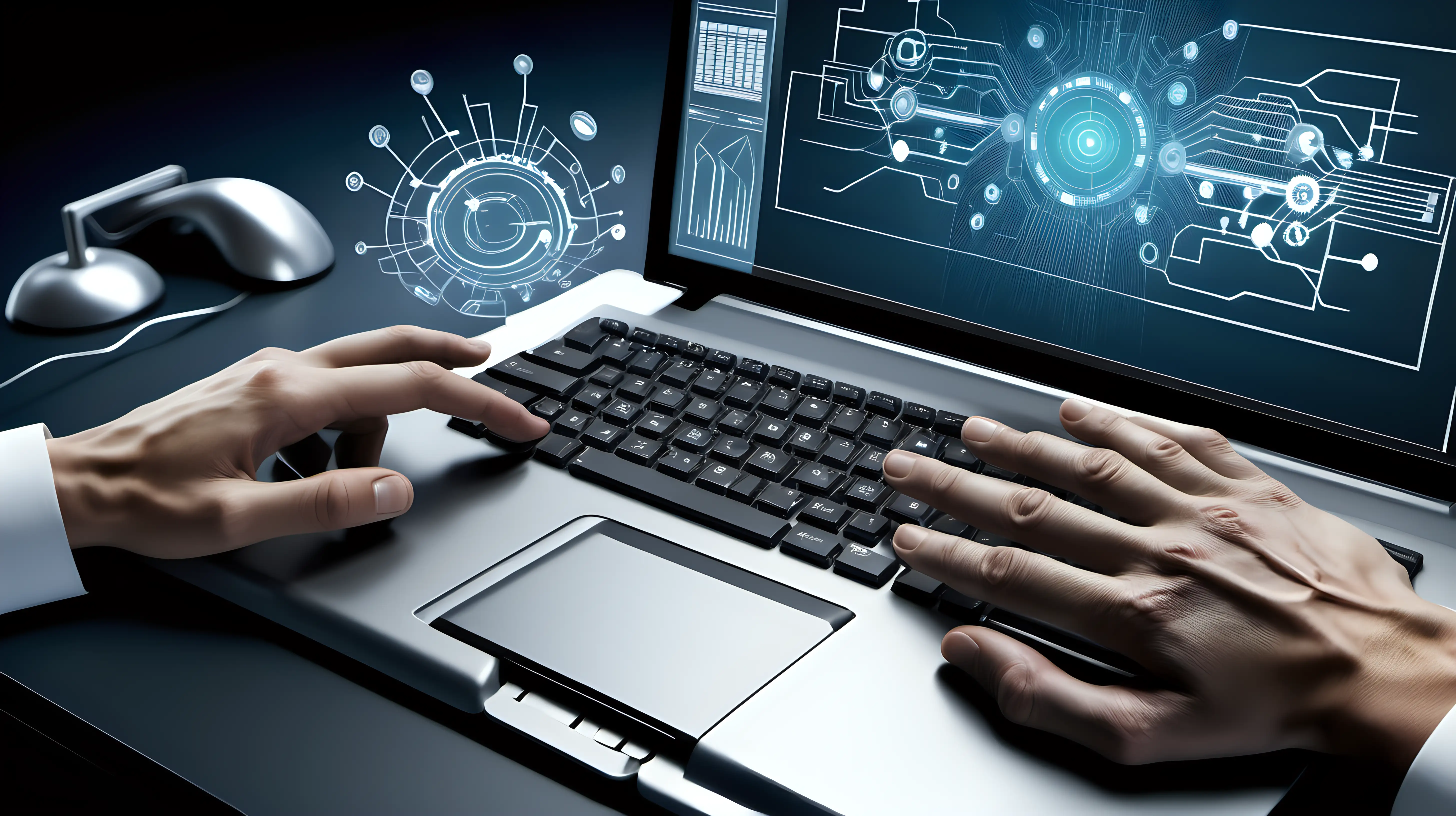 Illustrate the seamless integration of technology and work by emphasizing the synergy between the hands and the computer tools.