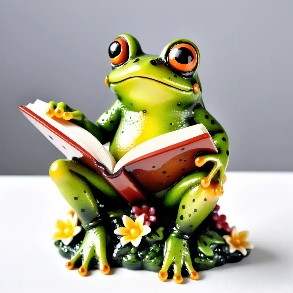 Whimsical Resin Frog Reading in a Spring Setting on a White Background