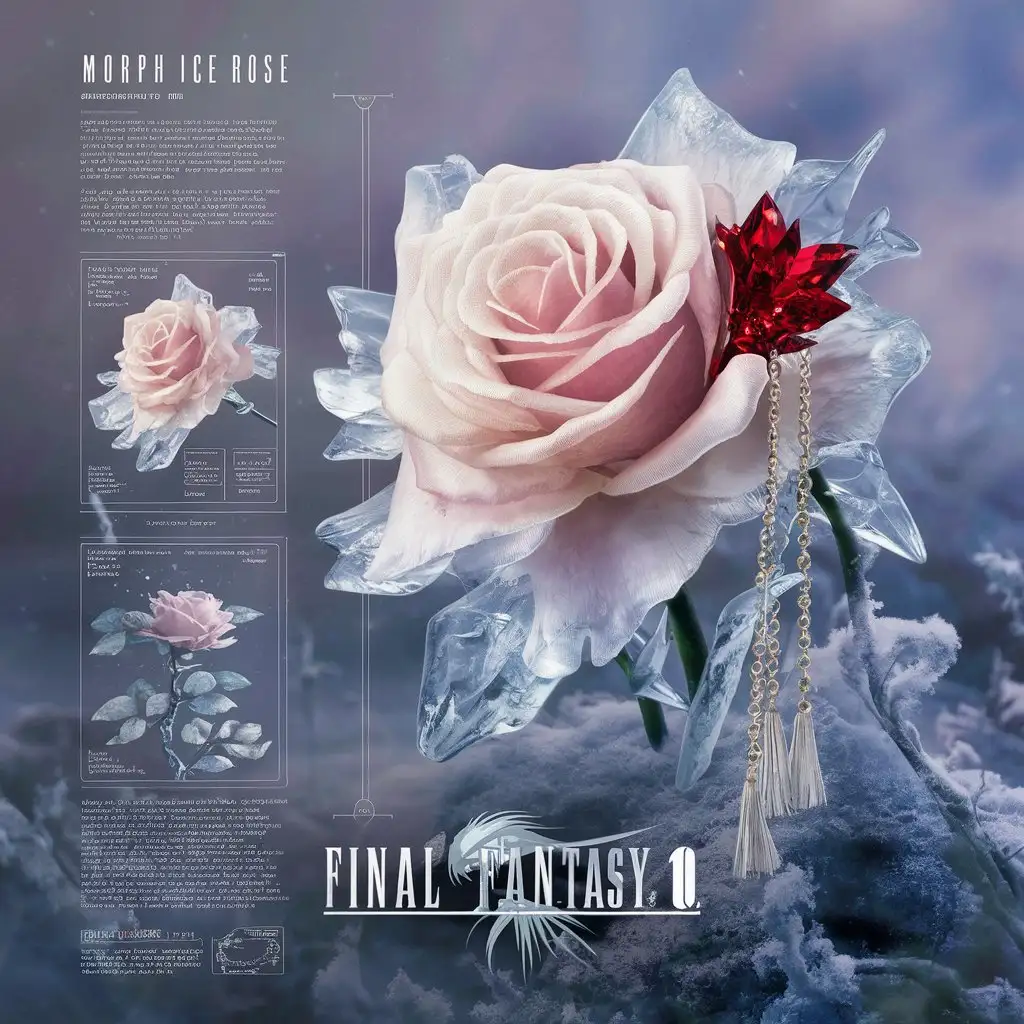 infographic of one morph ice rose, specimens of heavenly icy petals roses, very delicate and beautiful, ethereal specimen, FINAL FANTASY 10, red crystal gemstone decoration, lithograph, good arty  and fashion sense, highly detailed