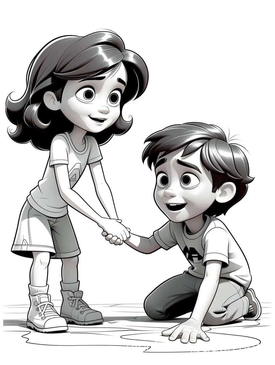 Illustrate a Pixar moment of a CUTE 6 year old, GIVING A HAND TO A FRIEND WHO IS ON THE GROUND, Coloring Page, black and white, line art, white background, Simplicity, Ample White Space. The background of the coloring page is plain white to make it easy for young children to color within the lines. The outlines of all the subjects are easy to distinguish, making it simple for kids to color without too much difficulty