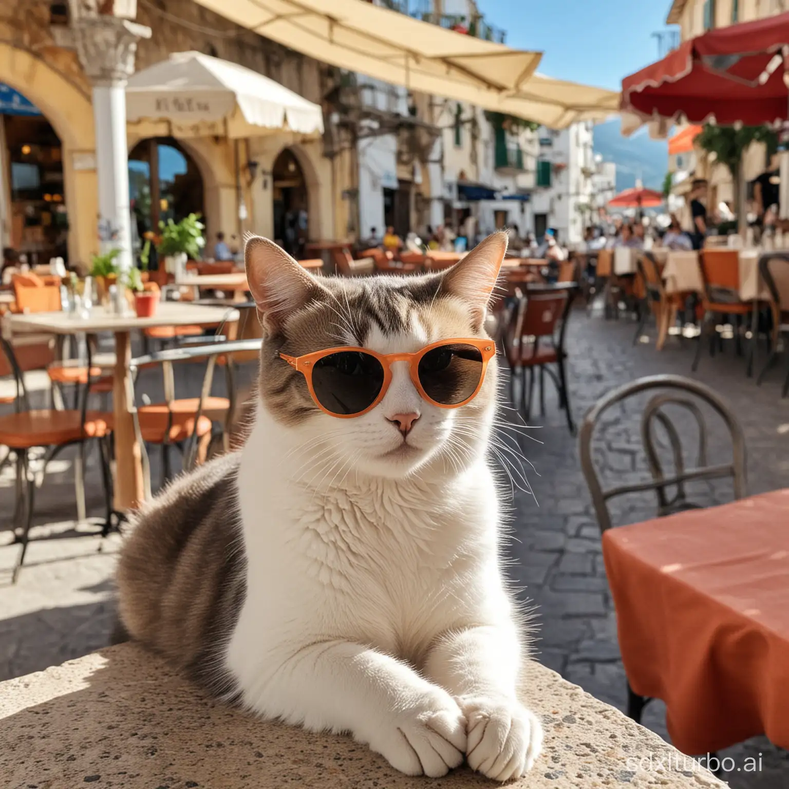 A cat wearing sunglasses relaxing in Amalfi Coast cafe