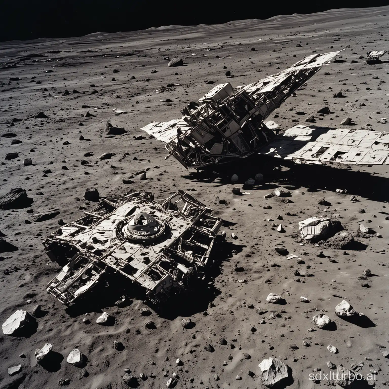 ancient alien starship debris multiple wreck parts broken up massive destruction accident impact in lunar orbit
