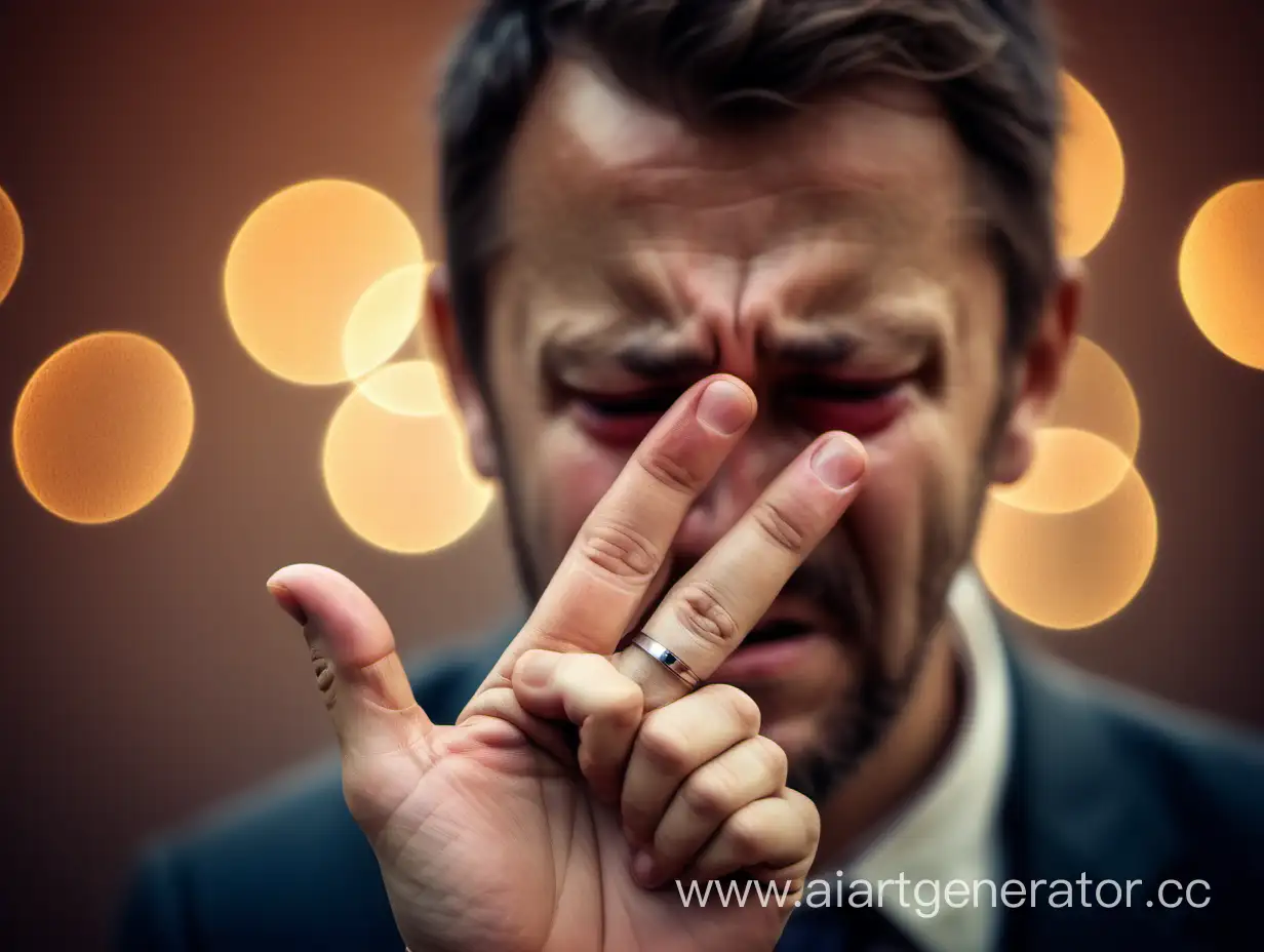Emotional-Man-with-Wedding-Ring-Showing-Stop-Gesture-in-16mm-Bokeh