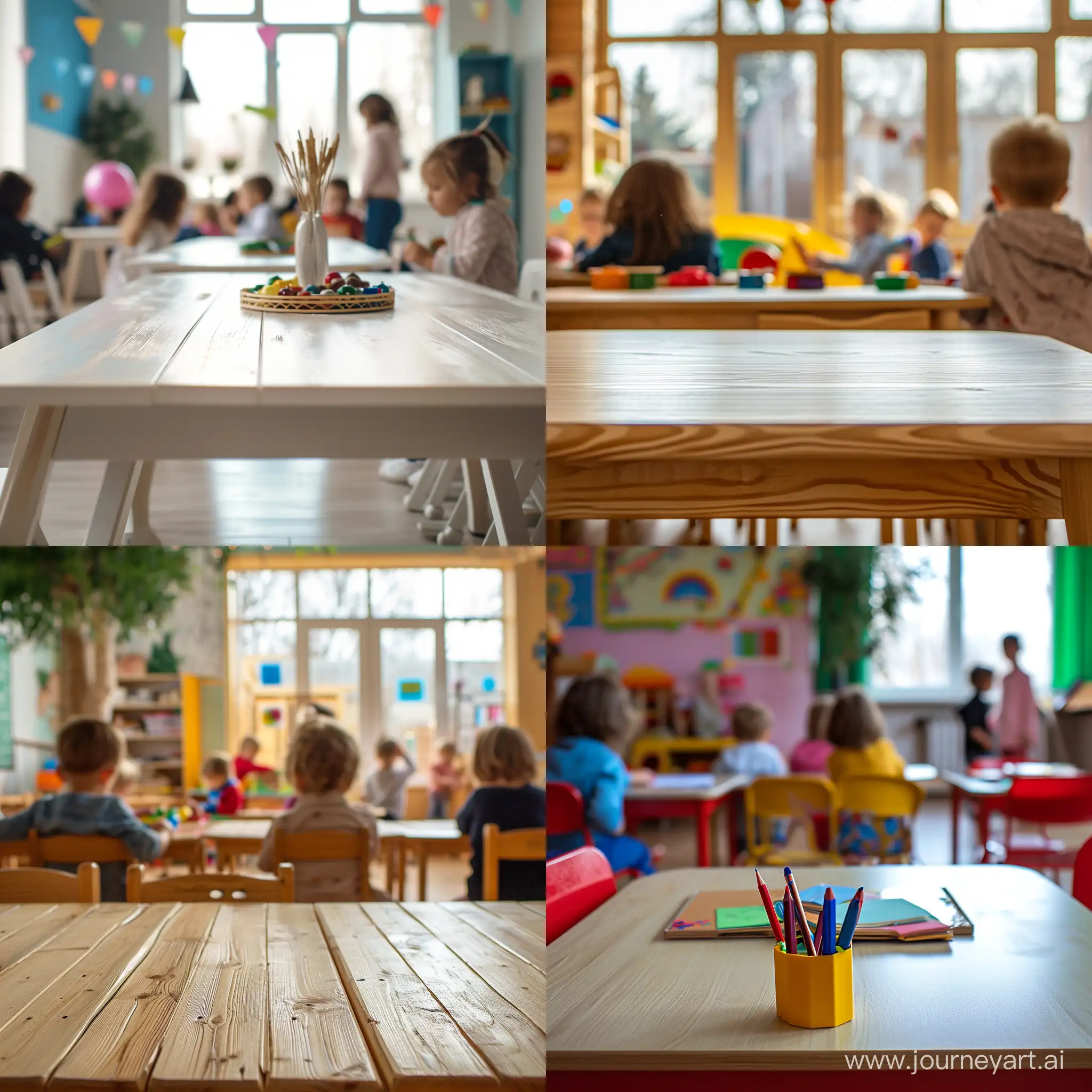 table on russian school class with kids playing on backround 
