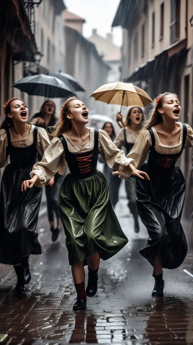 ancient european street young ladies are dancing plague and it is raining around
