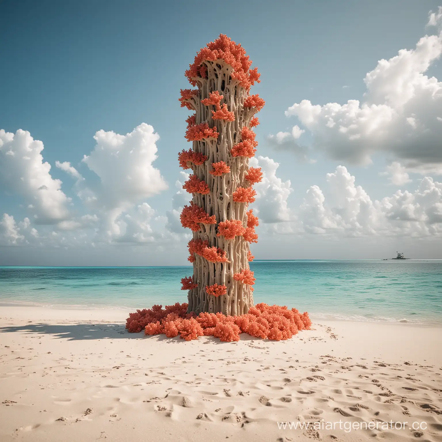 Коралл в виде небоскреба по среди океана на песочном острове
