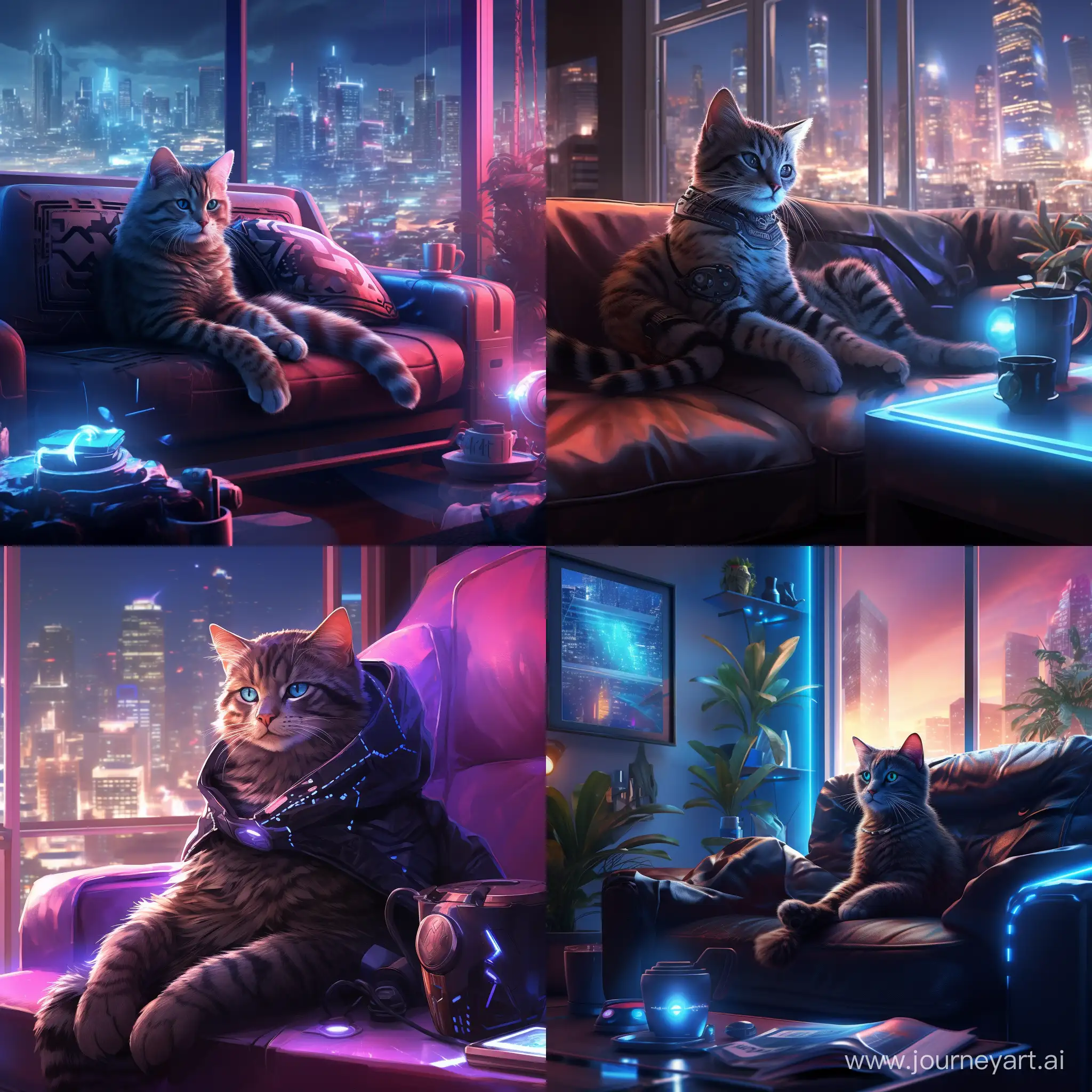 Futuristic-Cyberpunk-Cat-with-Glowing-Blue-Eyes-Relaxing-on-a-Couch