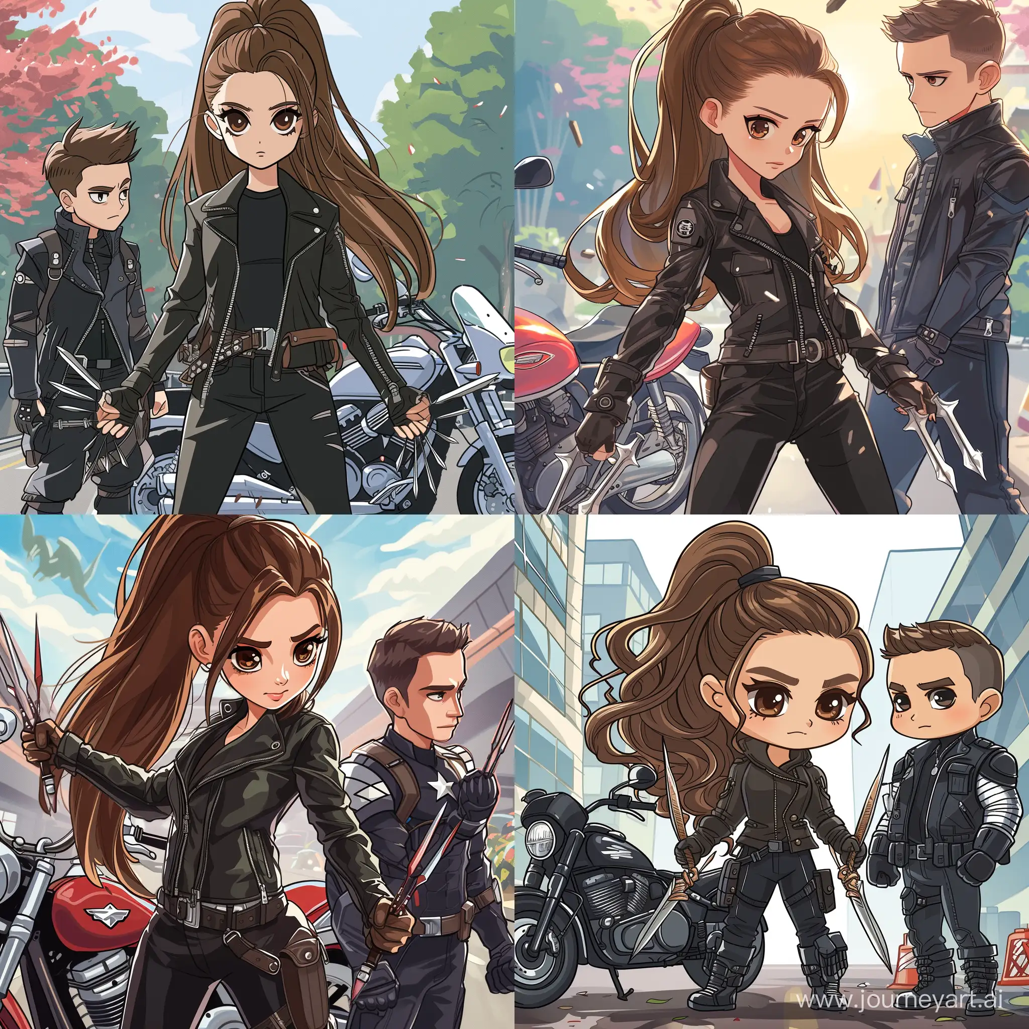 15 year old girl, brown long hair in high ponytail, brown eyes, black leather jacket, black pants, fancy throwing knives in each hand, by a motorcycle, the winter soldier by her, the winter soldier has short hair, cartoon style