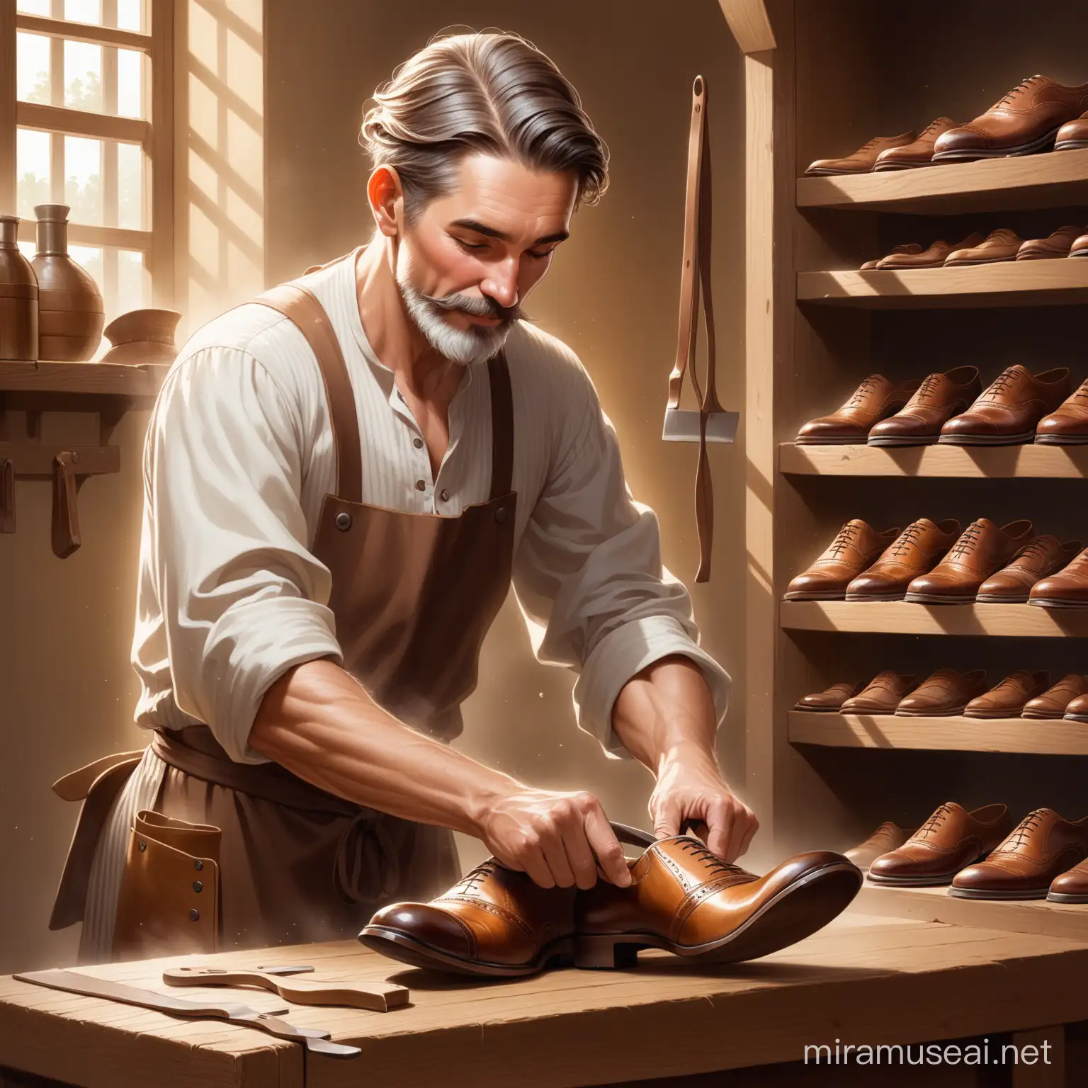 Traditional Shoemaker Crafting Leather Shoes