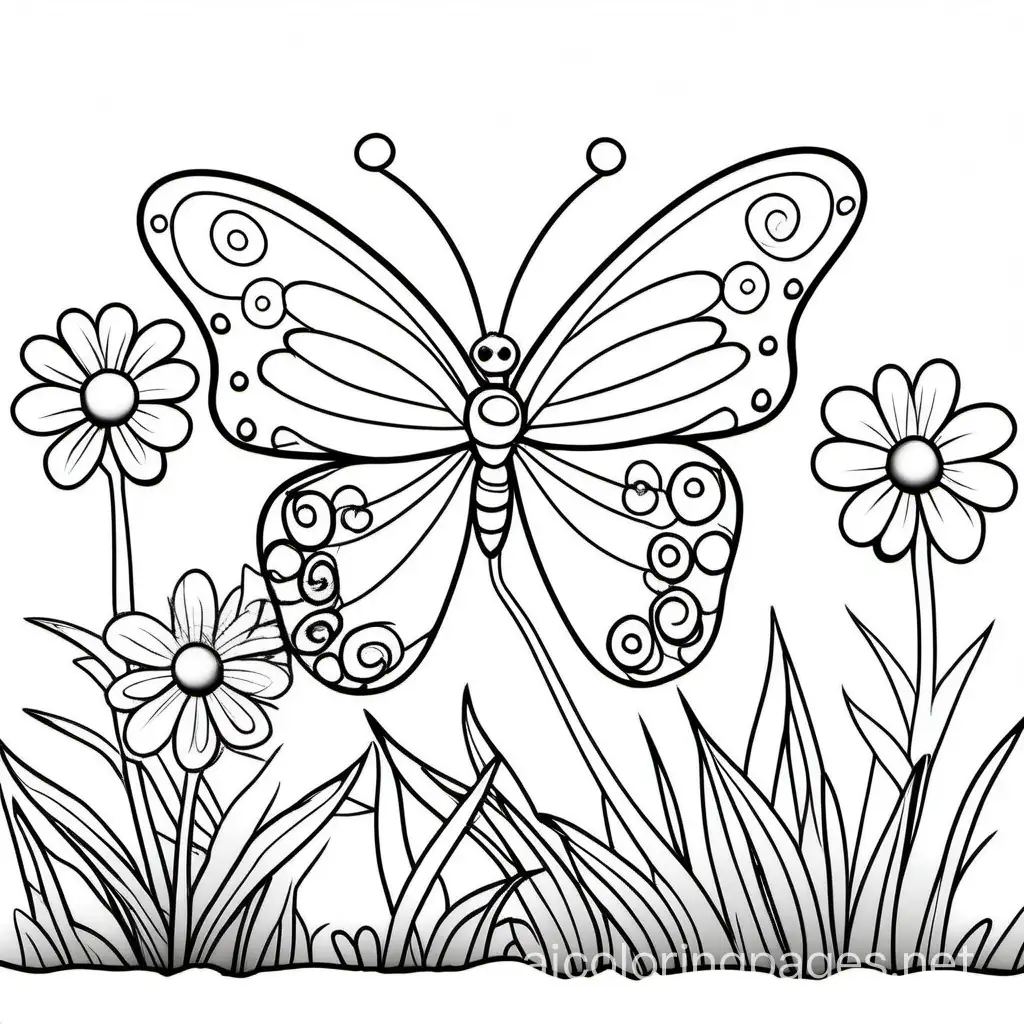 cute butterfly in the garden, Coloring Page, black and white, line art, white background, Simplicity, Ample White Space. The background of the coloring page is plain white to make it easy for young children to color within the lines. The outlines of all the subjects are easy to distinguish, making it simple for kids to color without too much difficulty