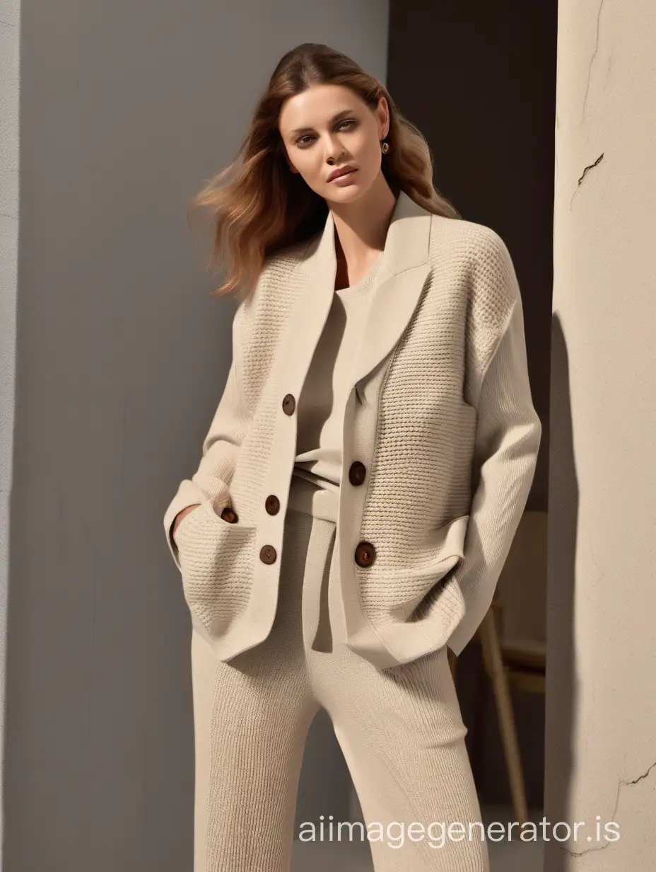 Classic women's oversized knitted three-piece suit, light beige color, men's style jacket, wide knitted trousers, knitted vest with buttons, high quality, fine knitting texture, professional, neutral tones, soft natural lighting. Women's trouser suite