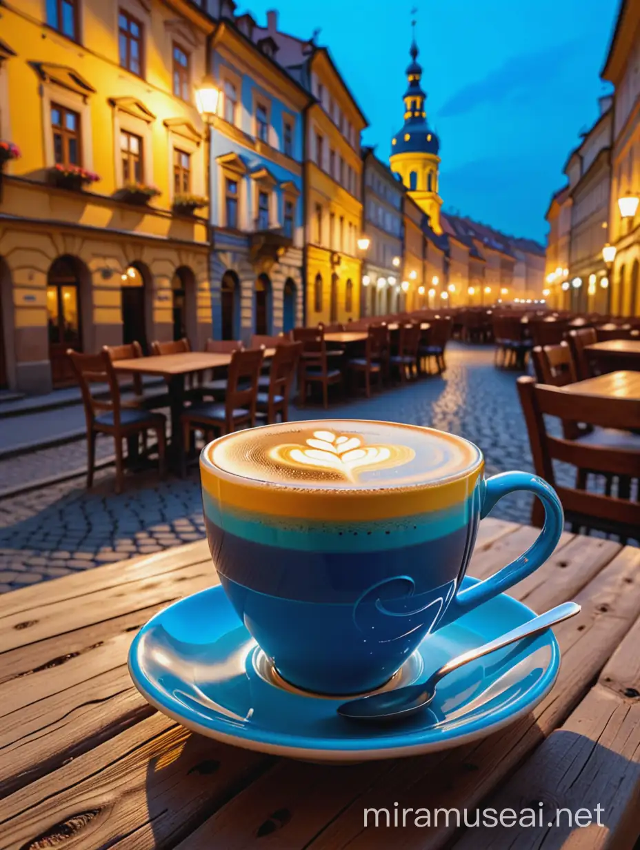 An elegant blue and yellow cup of coffee stands on a rough wooden table, in the background the outline of the historical part of the city of Lviv, Ukraine, with shining streets, bokeh, glow, evening