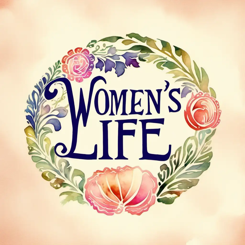 Ornamental logo called Women's Life in watercolor. Be very accurate in spelling Women's Life. Use larger, bold serif font.